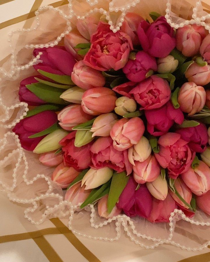 Pink tulips, pearls